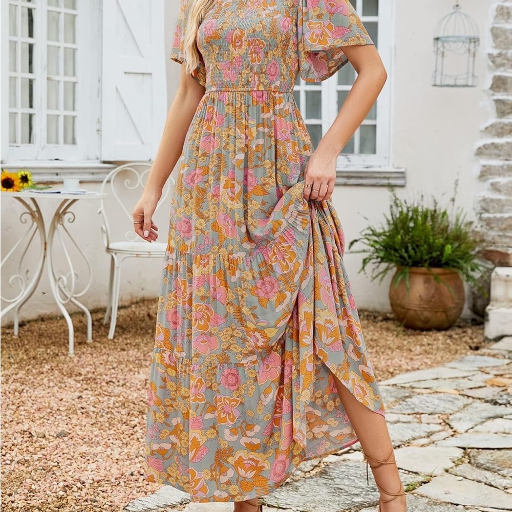 Women's Floral Maxi Dress - Orange and Pink - Picture 3 of 12